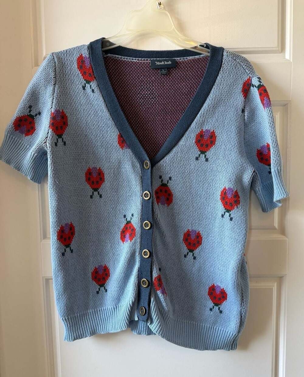 ModCloth Ladybug Print Short Sleeve Cotton Cardigan Sweater Size L